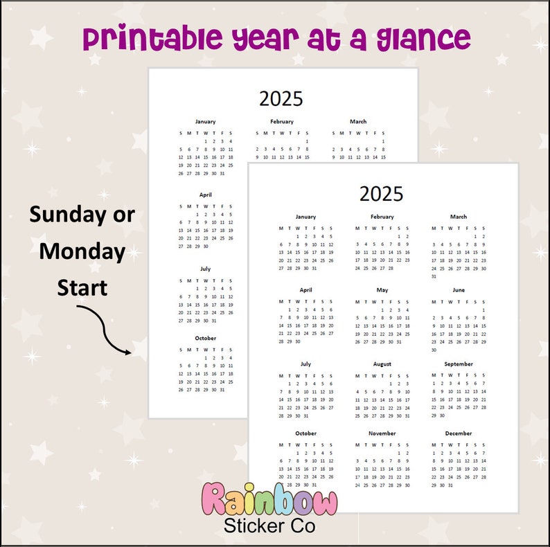 2025 Year at a Glance Printable PDF, 2025 Yearly Calendar, Wall
