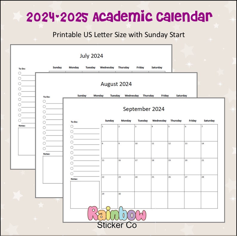 Printable Academic 20242025 Monthly Calendar Landscape, Instant PDF Download, 2025 Month at a