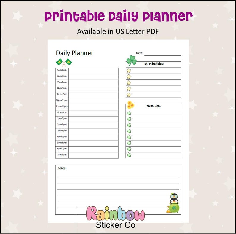 Printable Daily Planner, St Patrick's Day Daily Planner, Time Block Daily Planner, Organization ...