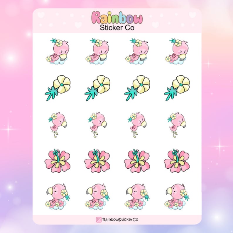 Summer Flamingo Stickers, Cute Kawaii Stickers, Summer Planner Stickers ...