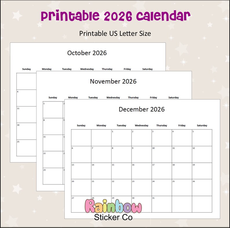 Printable 2026 Monthly Calendars, Minimalist Design, Editable 12 Month