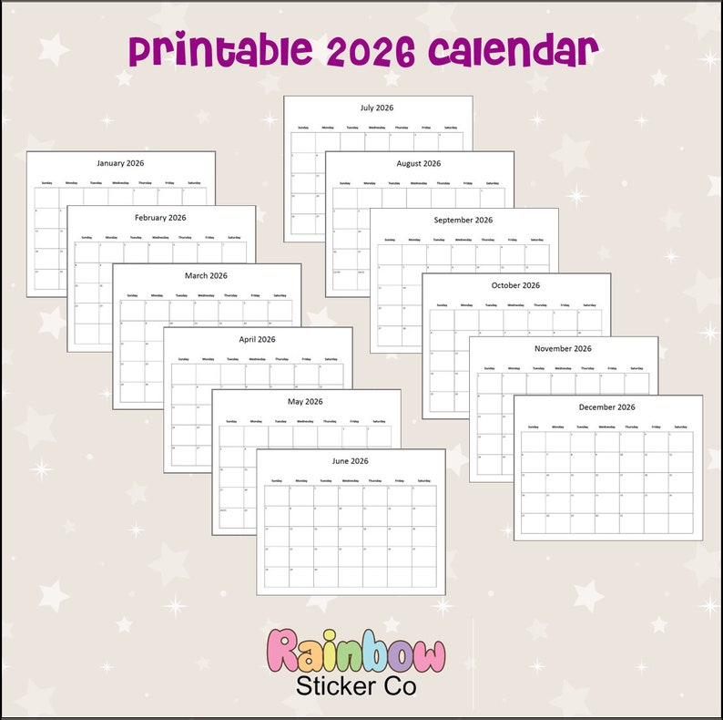 Printable 2026 Monthly Calendars, Minimalist Design, Editable 12 Month