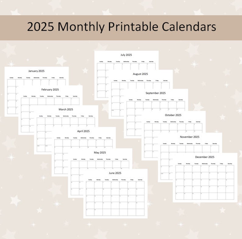 Printable 2025 Monthly Calendars, Minimalist Design, Editable 12 Month