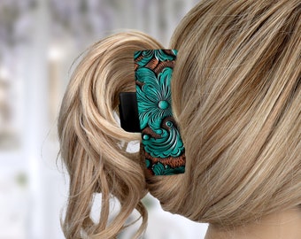 Clip de garra de pelo grande personalizado - Diseño de cuero verde azulado, perfecto para peinar y updos, regalo ideal para ella
