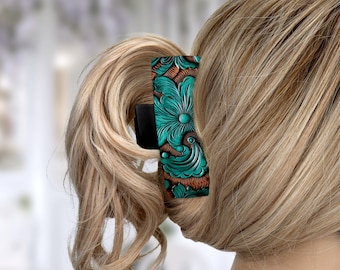 Clip de garra de pelo grande personalizado - Diseño de cuero verde azulado, perfecto para peinar y updos, regalo ideal para ella