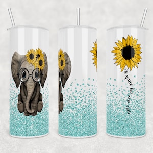 May include: Three 20 ounce stainless steel tumblers with a turquoise glitter design. The tumbler on the left features a cartoon elephant wearing glasses and a sunflower crown. The tumbler in the middle has a sunflower design. The tumbler on the right has a sunflower design and the text "You are my sunshine".