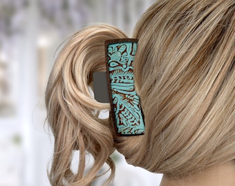 Chic Large Hair Claw Clip - Brown and Teal Design, Perfect for Styling & Updos, Ideal Gift for Her