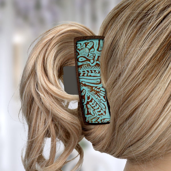 Chic Large Hair Claw Clip - Brown and Teal Leather Design, Perfect for Styling & Updos, Ideal Gift for Her