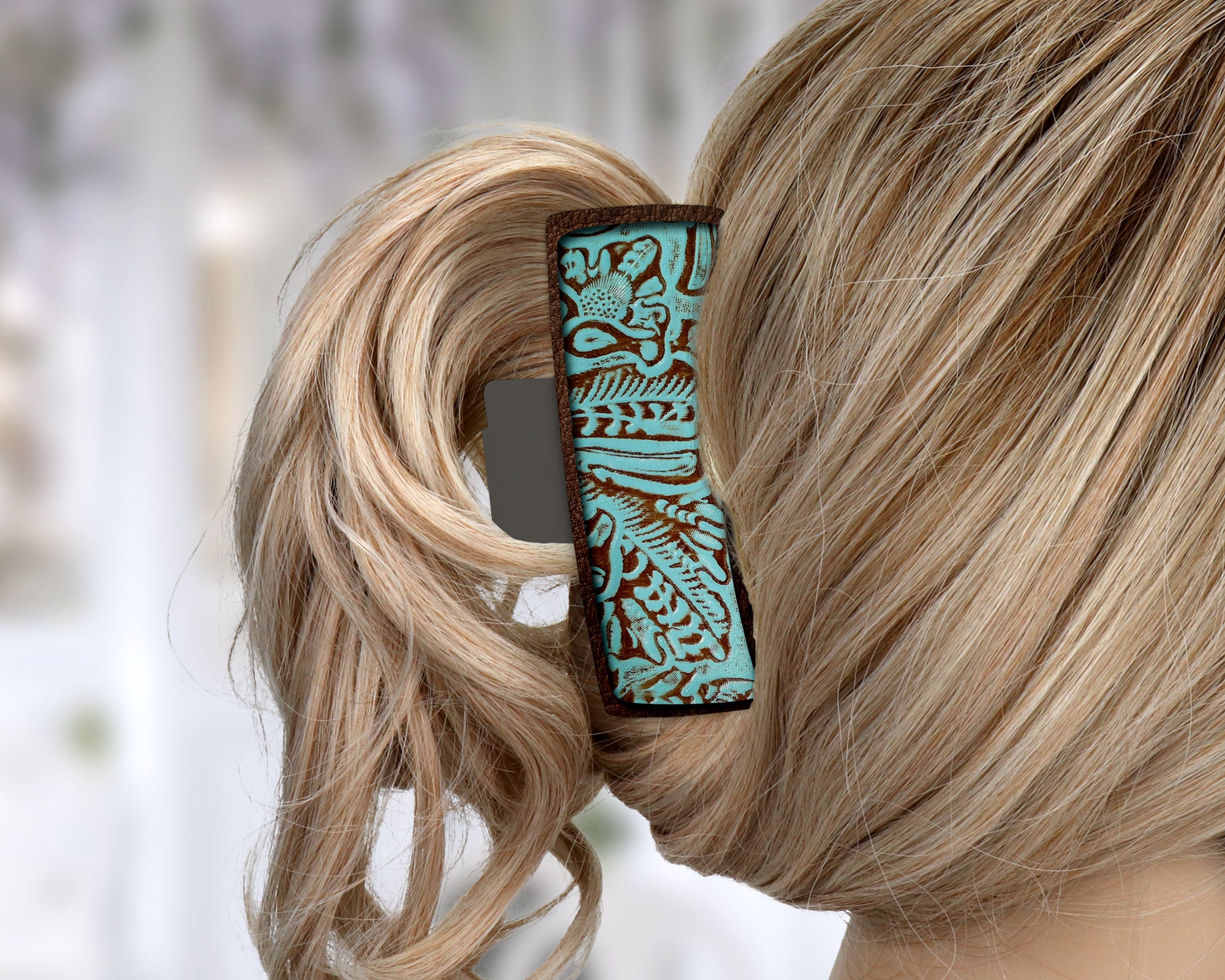 4インチヘアクリップ：ブラウン＆ティールの花柄デザイン - Etsy 日本