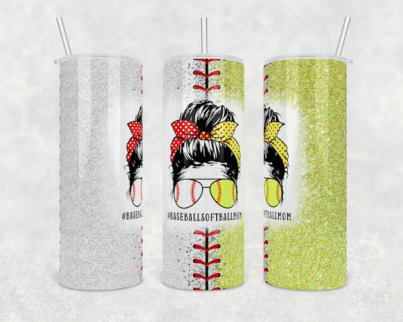May include: Three stainless steel tumblers with glitter finishes. The centre tumbler features a black and white illustration of a woman with a messy bun, red and white polka dot headband, and sunglasses with baseballs for lenses. The text "#BASEBALLSOFTBALLMOM" is printed below the illustration. The tumbler on the left has a silver glitter finish and the text "#BASEBALL" is printed on the bottom. The tumbler on the right has a green glitter finish and the text "#SOFTBALLMOM" is printed on the bottom.