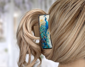 Custom Hair Claw Clip - 4 inch or 2 inch, Peacock Design, Perfect for Styling & Updos, Ideal Gift for Her