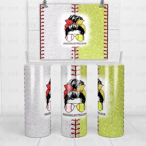 May include: Three stainless steel tumblers with glitter finishes. The tumblers are decorated with a graphic of a woman with a messy bun, wearing sunglasses and a baseball cap. The text "#BASEBALLSOFTBALLMOM" is printed on the tumblers.