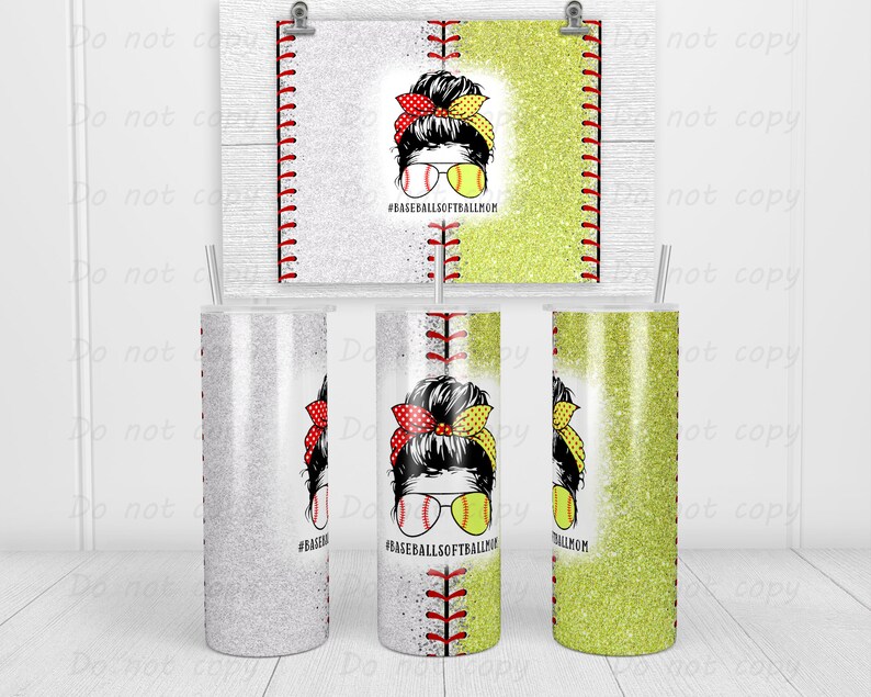 May include: Three stainless steel tumblers with glitter finishes. The tumblers are decorated with a graphic of a woman with a messy bun, wearing sunglasses and a baseball cap. The text "#BASEBALLSOFTBALLMOM" is printed on the tumblers.