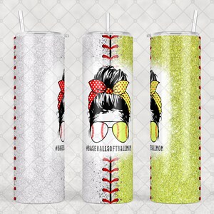May include: Three stainless steel tumblers with glitter finishes. The centre tumbler features a cartoon illustration of a woman with a messy bun wearing sunglasses and a baseball cap. The text "#BASEBALLSOFTBALLMOM" is printed on the tumbler. The tumbler on the left has a silver glitter finish and the tumbler on the right has a yellow glitter finish.