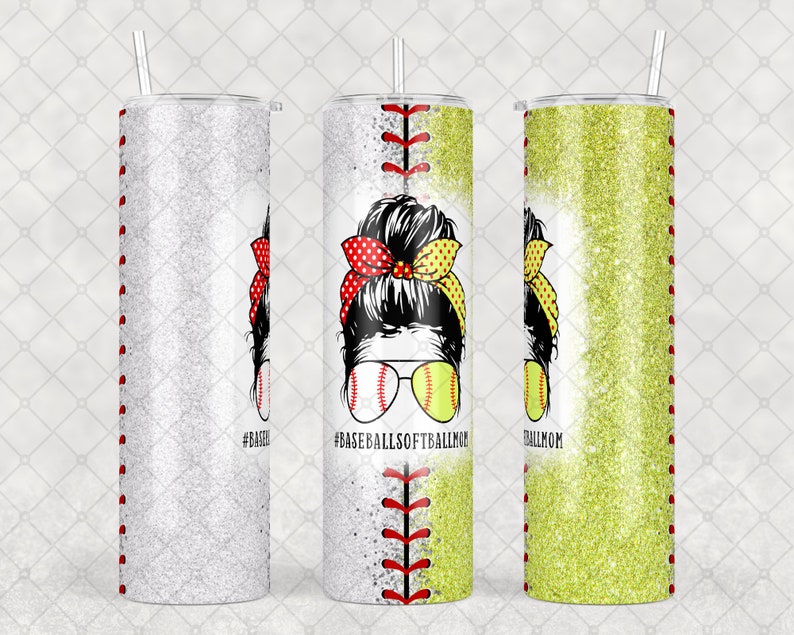May include: Three stainless steel tumblers with glitter finishes. The centre tumbler features a cartoon illustration of a woman with a messy bun wearing sunglasses and a baseball cap. The text "#BASEBALLSOFTBALLMOM" is printed on the tumbler. The tumbler on the left has a silver glitter finish and the tumbler on the right has a yellow glitter finish.