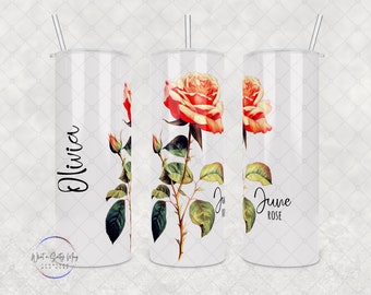 Personalized June Birth Flower Tumbler: Rose Stainless Steel Cup