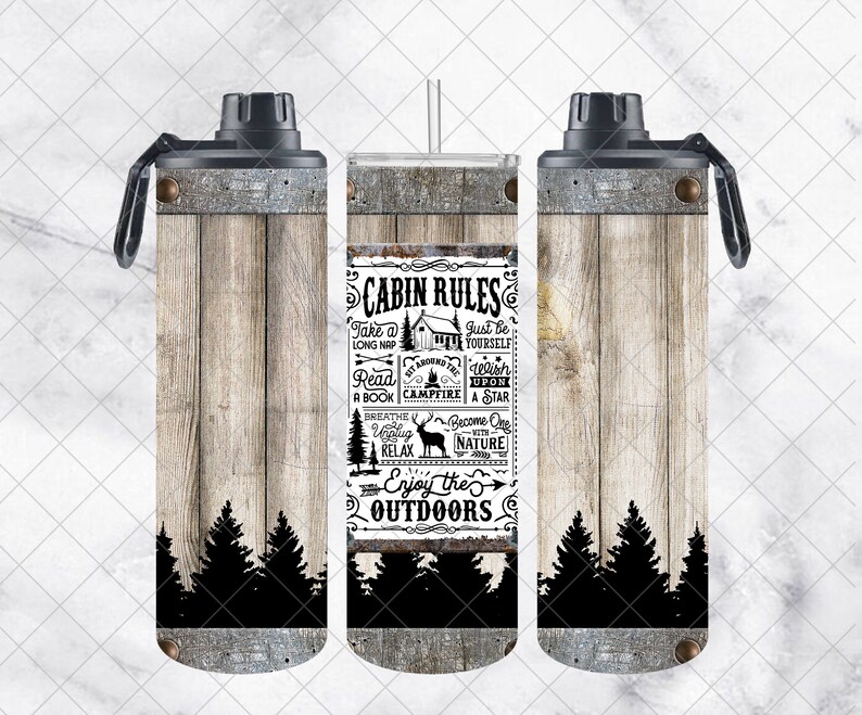 May include: A stainless steel water bottle with a rustic wood grain design. The bottle features the text "Cabin Rules" with outdoor-themed illustrations. The design includes a black silhouette of pine trees at the bottom.
