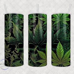 May include: Three stainless steel tumblers with a skull and marijuana leaf design. The tumblers are green, black, and gold.