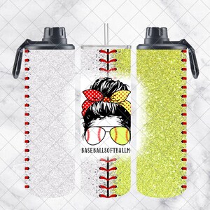 May include: Three stainless steel tumblers with a glitter finish. The tumblers are decorated with a baseball and softball design, red stitching, and a woman with a bun and sunglasses. The text "BASEBALLSOFTBALLM" is printed on the tumbler.