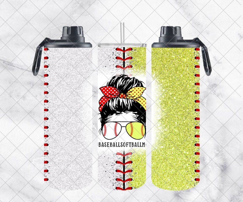 May include: Three stainless steel tumblers with a glitter finish. The tumblers are decorated with a baseball and softball design, red stitching, and a woman with a bun and sunglasses. The text "BASEBALLSOFTBALLM" is printed on the tumbler.