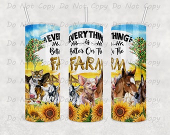 Farm Life Stainless Steel Tumbler: Animals & Sunflowers, 20oz/30oz