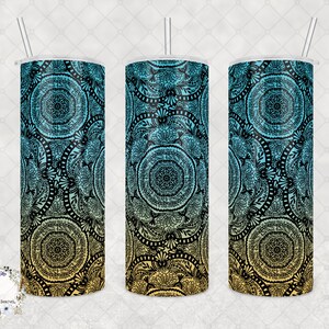 May include: Three stainless steel tumblers with a blue and yellow ombre mandala design. The tumblers have a black outline and a white background.