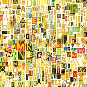 Afdrukbaar digitaal alfabet: gele serie, A tot Z, symbolen, uitgesneden letters, gele letters, losgeldbriefje, GEEN ENKELE png-letters
