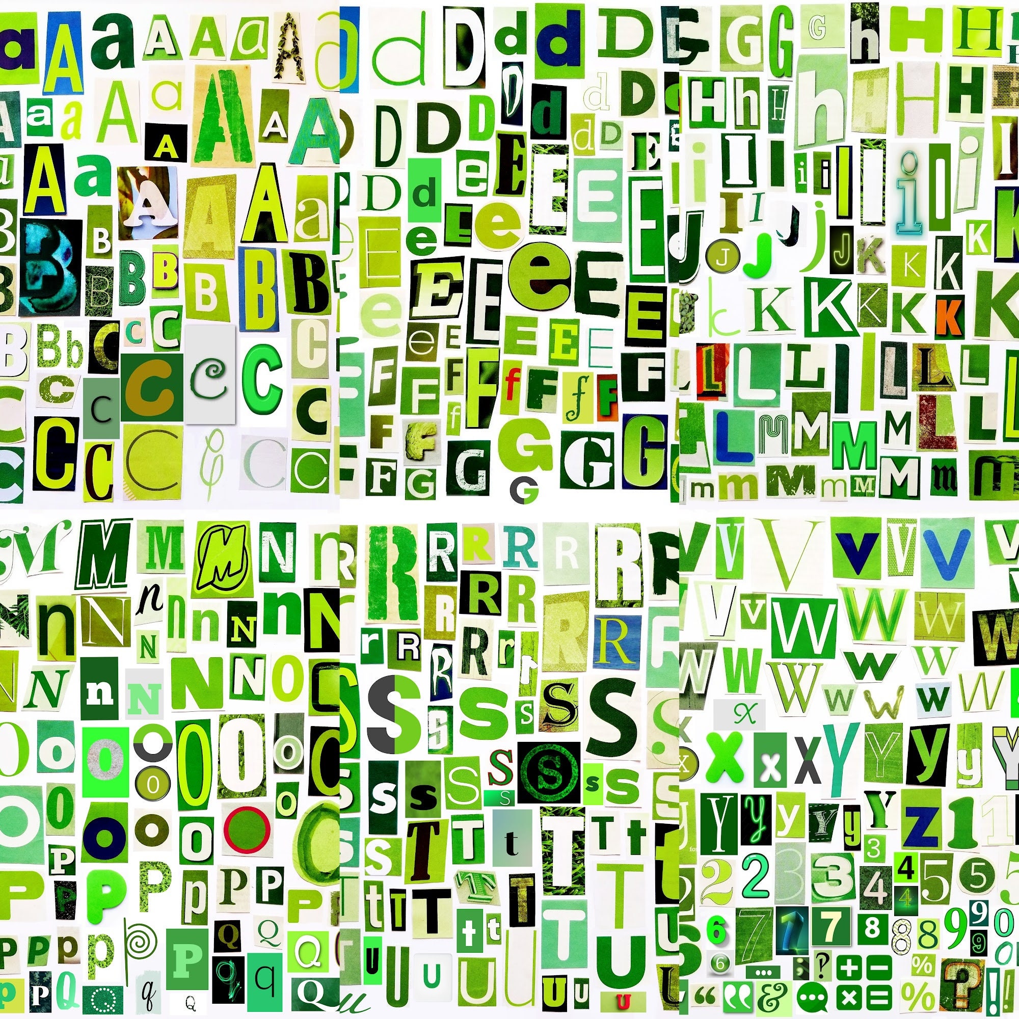 Printable Digital Alphabet Green Series, A to Z, 0-9