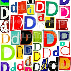 Letras individuales multicolores d-D, serie de letras individuales digitales imprimibles, letras de revista, letras de collage, nota de rescate, letras individuales NO PNG