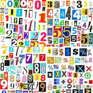 May include: A collage of colorful, cut-out numbers, symbols, and letters. The numbers range from 0 to 9, and the symbols include dollar signs, percent signs, plus signs, minus signs, equal signs, and multiplication signs.