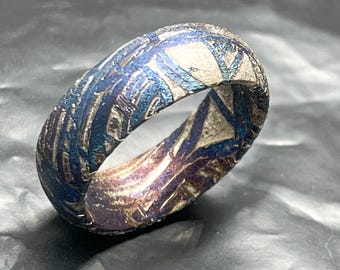 8mm Muonionalusta Meteorite Damascus Ring | Blue Widmanstätten Pattern Wedding Band Support customization