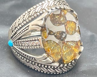 Seymchan pallasite Meteorite Ring, S925 Silver, Widmanstätt pattern, Can be adjusted in size