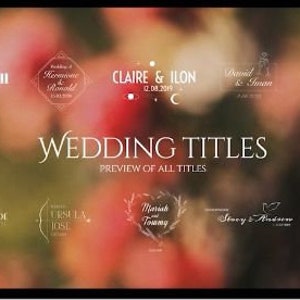 Könnte beinhalten: Eine Sammlung von Hochzeitstiteln in verschiedenen Stilen, darunter floral, minimalistisch und klassisch. Die Titel zeigen Namen wie Jack & Jill, Claire & Ilon und Bonnie & Clyde. Der Text "WEDDING TITLES" und "PREVIEW OF ALL TITLES" wird in weißer Schrift auf einem verschwommenen Hintergrund angezeigt.