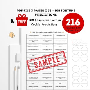 216 predicciones diferentes, divertidas y positivas para las galletas de la suerte / PDF imprimible digital / 10 plantillas de galletas de la suerte en papel / Descarga instantánea