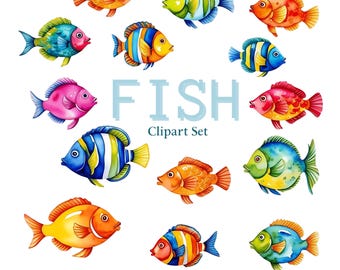 13 imagens de peixes em aquarela, PNG, PDF, arte digital de peixes do oceano, ilustrações da vida marinha, imagens subaquáticas para sublimação e artesanato.