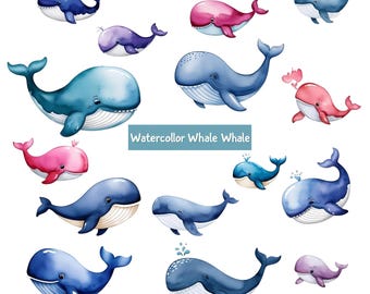 15 Whale Watercolor Clipart, Ocean Animal PNG, Marine Life Illustration, Sea Creatures Digital Download, Nautical Clipart for Crafts Prints