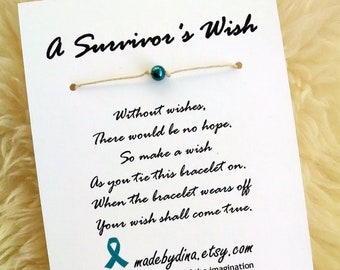 Bracelet de souhaits du survivant du cancer de l’ovaire - Ruban de sensibilisation sarcelle - Cadeau de sympathie - Carte d’encouragement - Carte de vœux inspirante