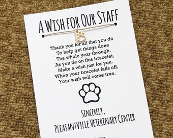 Veterinary Staff Appreciation Wish Bracelet: Paw Print Charm, Personalized Card