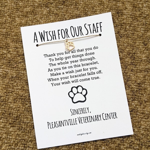 Veterinary Staff Appreciation Gift - A Wish for Our Vet Hospital Staff, Wish Bracelet with a Paw Print Charm, Custom Made, Personalized Card