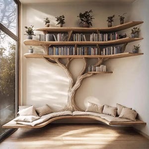 Estantería de ramas de madera flotante, banco en forma de U, librería de esquina montada en la pared, rincón de lectura de madera, regalo del Día de la Madre, muebles para mamá, mediados de siglo.