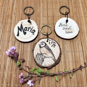 Wooden Animal Keychain Gift Idea for Birthday Present Personalized Round Accessory Hand Painted Bird Unique Custom Design Wood Charm Bag