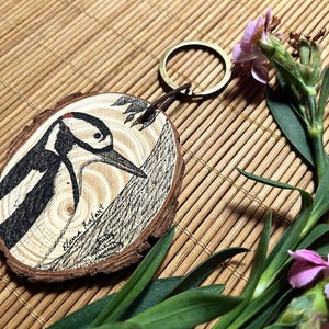 Wooden Animal Keychain Gift Idea for Birthday Present Personalized Round Accessory Hand Painted Woodpecker Custom Design Wood Charm Bag