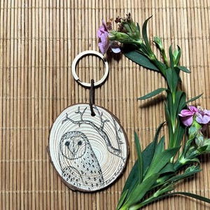 Hand Painted Owl Keychain Wood Charm for Keys Holder Personalized Animal Art Gift Idea for Friend Keepsake Custom Painted Keyring Bird lover