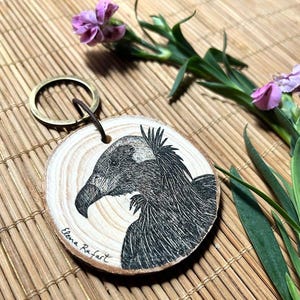 Wooden Bird Keychain Gift Idea for Birthday Present Personalized Round Accessory Hand Painted Black Vulture Custom Design Wood Charm Bag