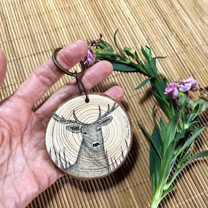 Wood keyring Deer hand painted Wooden keychain Wood slice art Nature lover gift Customized gift New home gift Custom bag charm for keys