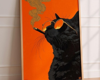 Black Cat Poster, Modern Cat Wall Art, Orange Aesthetic Print, Trendy Cat Decor, Minimalist Animal Poster, Cat Lover Gift