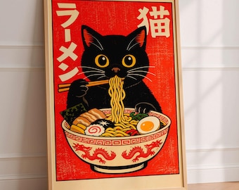 Japanese Ramen Cat Poster, Black Cat Eating Noodles Print, Vintage Japanese Wall Art, Cute Cat Kitchen Decor, Retro Anime Style Poster