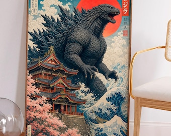 Affiche japonaise Kaiju, art mural monstre géant, impression de style vintage Japon, art du temple samouraï, décoration esthétique asiatique, affiche inspirée d'Ukiyo
