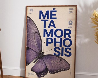 Metamorphosis Butterfly Poster, Vintage Museum Wall Art, Minimal Typography Print, Purple Butterfly Artwork, Modern Aesthetic Decor