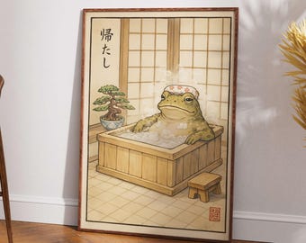 Frog Shower Cap Poster, Funny Anime Bathroom Wall Art, Whimsical Frog Decor Print, Japanese Style Bathroom Decor